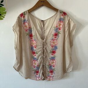 Free People Floral Embroidered Blouse - Cream with Pink and Blue